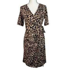 Motherhood Maternity Wrap Dress Small Brown Leopard Print Short Sleeve Tie Waist
